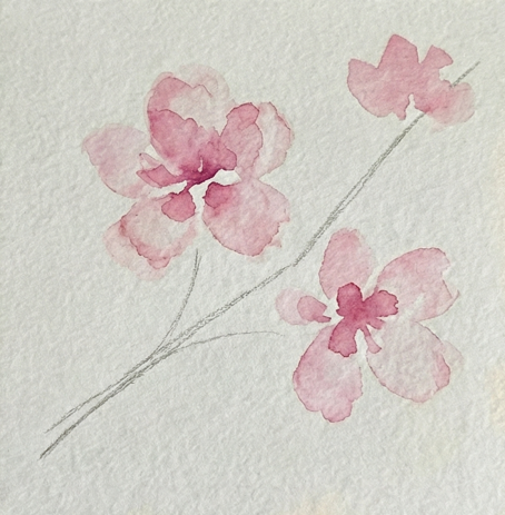 Step 2 showing soft, translucent pink petals painted loosely in teardrop shapes, leaving white negative space for sparkle.