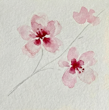 Step 3 demonstrating the "bleed" technique where dark crimson pigment is dropped into the damp flower centers to create a soft gradient.