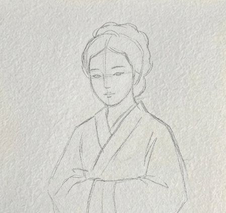 A pencil sketch on textured paper showing the outline of a woman's head, hair bun, and the folds of her crossed robe.