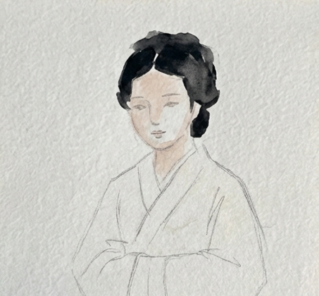 Pale, diluted skin tone wash is applied to the face and neck, and solid black watercolor fills in the hair bun.