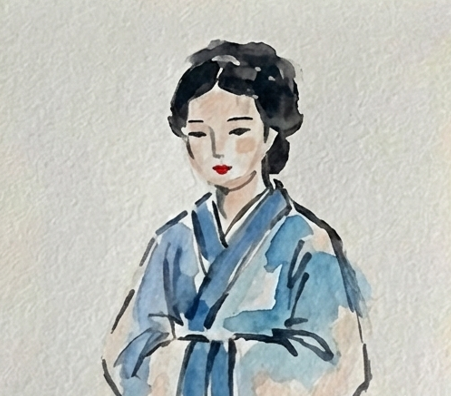 The final painting with dark outlines added to the face and robe, and a small red dot painted for the lips.