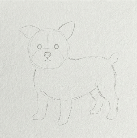 A very faint, light pencil outline of a Yorkshire Terrier dog is shown on textured watercolor paper, marking the initial sketch phase of a dog watercolor painting.