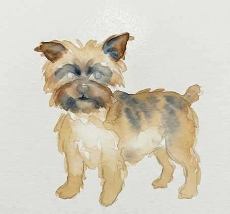 The same dog watercolor painting study, now featuring a neutralizing wash of Burnt Sienna and Ultramarine Blue to define the back and head form using wet-on-damp blending.