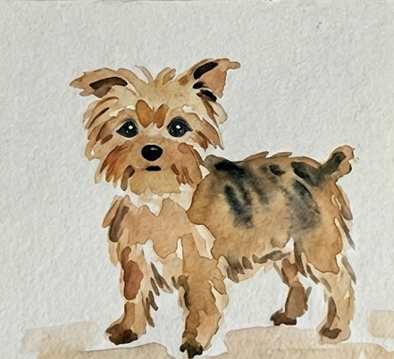 The complete dog watercolor painting portrait, showing intensely dark eyes, nose, and mouth details with selective fur texture strokes, identical to the finished reference in image