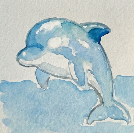 An expressive first wash of cerulean blue and sap green watercolor paint spreading around a dolphin silhouette to create a loose ocean background for a dolphin watercolor painting.