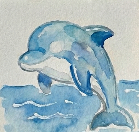 A wet-on-wet watercolor wash using cerulean blue on a dolphin's body, leaving white paper highlights on the head and back to suggest a slick, wet skin texture in a dolphin watercolor painting.