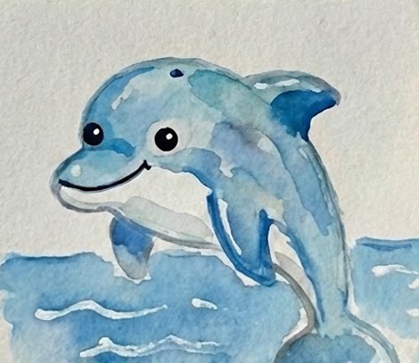 Final details of a dolphin watercolor painting featuring a cute black eye with a white sparkle, a simple mouth line, and energetic blue paint splatters to suggest ocean spray.