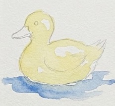 Luminous, translucent washes in pale yellow and light blue, with preserved unpainted white paper highlights on the back and head. Paper texture is visible.