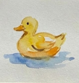 The final expressive study on textured paper, showing much deeper, saturated yellow and orange colors. Confident, dark brushstrokes create defined wing feather patterns, black eye dot, and deepened blue water wash grounding the duck. All borders are clean and contained.