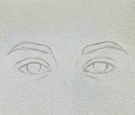 A light pencil sketch on textured watercolor paper, outlining the shapes of two eyes, eyelids, and eyebrows.