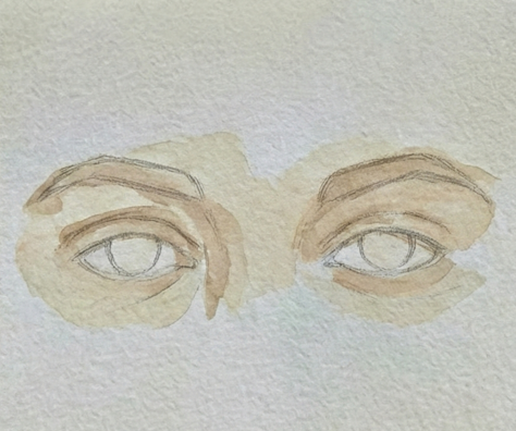 A pale beige watercolor wash is applied to the skin area around the eyes and eyelids, defining the eye sockets while leaving the eyeballs unpainted.