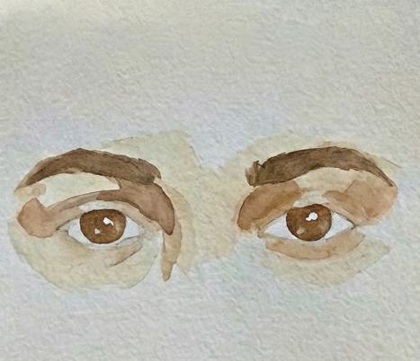 Step 3 of an eyes watercolor painting tutorial, defining the iris with deeper color and adding eyelash and shadow detail.
