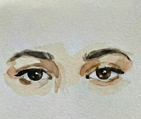 The final painting stage where dark black watercolor is added to define the upper lash lines, pupils, and deepen the eyebrows and eyelid creases for contrast.