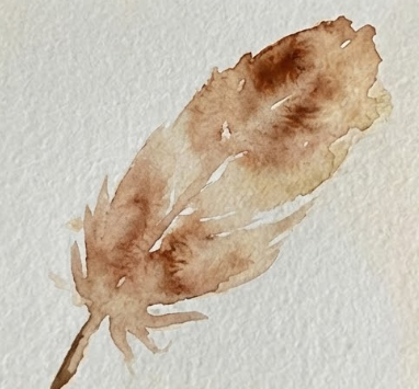While the first layer is still damp, darker Burnt Sienna paint is dropped into the wet wash, creating soft, blooming patterns and natural color variations across the feather.