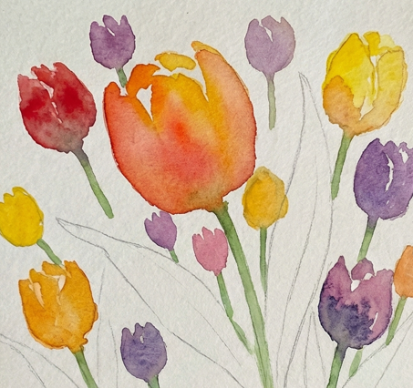 Step 2 applying the first wash of bright color to the flower heads using wet-on-wet red, yellow, and purple paint, allowing the colors to bleed together naturally.