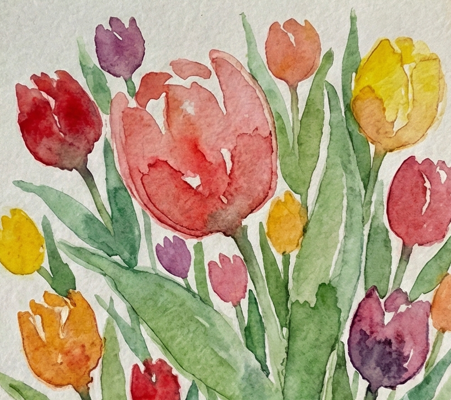 Final step showing the completed loose watercolor tulip bouquet with added dark strokes to define individual petals and deepen the shadows where leaves