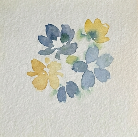 Soft blue watercolor flowers are painted around the yellow blooms, demonstrating how to group shapes in a loose watercolor flower painting.