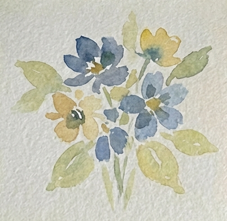 The finished loose watercolor flower painting features dark indigo centers added to the damp petals and faint stems, creating a soft, expressive meadow style.