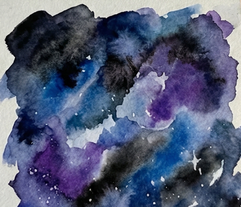 Darker indigo and black watercolor paints are added to the wet areas to create deep space contrast, defining the brighter blue and purple nebula clouds.