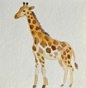 The completed full-body giraffe watercolor painting with high-impact selective contrast and details. The final stage shows refined mane details, defined hooves, and critically, a circular eye with a vital, life-giving dry white sparkle highlight. All border applications are clean and contained.