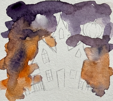 A loose watercolor wash is applied over the sketch, creating a stormy sky with blending patches of dark purple and orange paint. The areas for the house, windows, and pumpkin are left unpainted white paper.