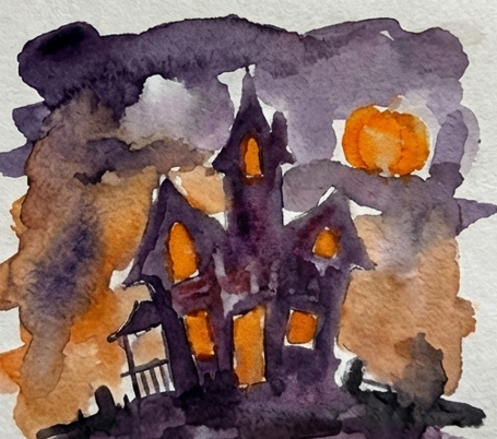 The house shape is painted with a dark purple watercolor, and the windows and pumpkin are filled with bright orange paint, creating a glowing effect against the darker sky and house.