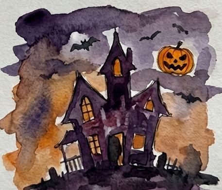 The final watercolor painting with dark black outlines and details added to the haunted house, fence, bats, and the jack-o'-lantern face on the pumpkin, completing the spooky Halloween scene.