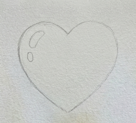 Step 1 of a heart watercolor painting showing a light pencil sketch of a plump, balloon-like heart with small ovals drawn in the upper left to map out the highlights.