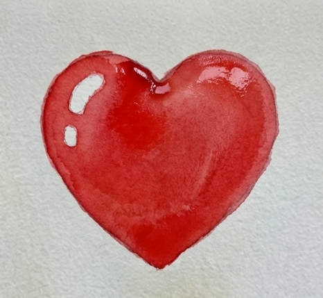 Step 2 applying a fresh wash of Cadmium Red, carefully painting around the sketched ovals to preserve the bright white paper for a shiny, wet look.