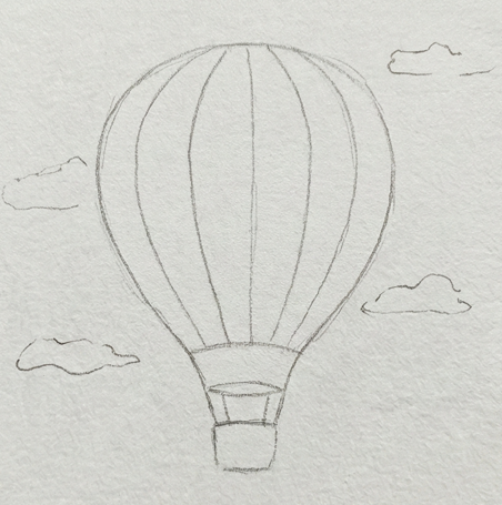 A simple pencil sketch on textured watercolor paper outlining the hot air balloon, the basket below, and fluffy cloud shapes in the background.