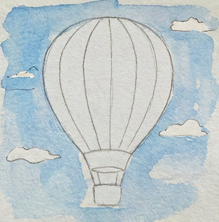 A loose blue watercolor wash painted in the sky area, using "negative painting" to leave the balloon and cloud shapes as dry, unpainted white paper.