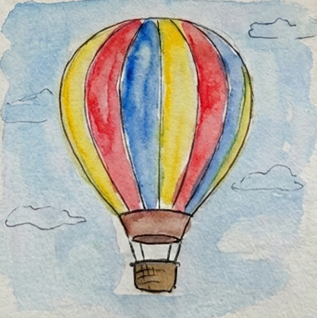 The balloon is filled in with bright stripes of Cadmium Red, Yellow, and Ultramarine Blue, and the basket is painted with a wash of brown.