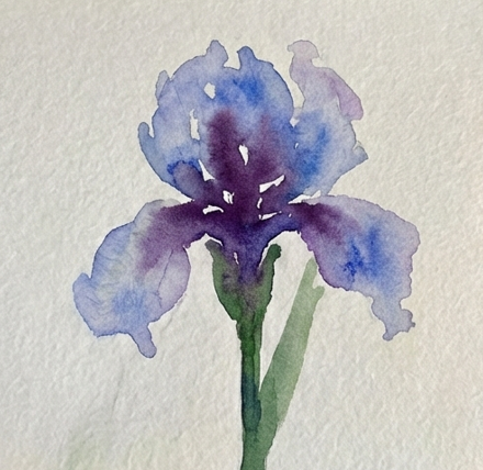 Darker purple and blue hues are dropped into the still-damp petals, particularly at the base, adding depth, while the green stem is more defined and connects to the flower head.
