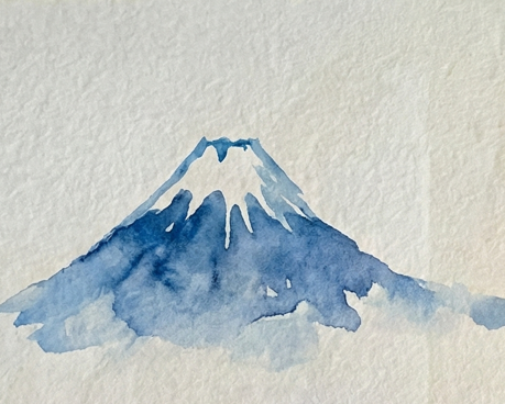Step 1 of a Japanese watercolor painting showing a swooping triangular wash of Cobalt Blue to form Mount Fuji, using negative space to create a jagged, snow-capped peak.