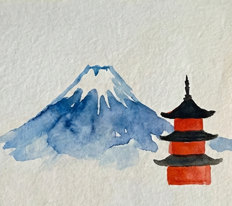Step 2 adding a tiered pagoda to the right, painted with stacked red rectangles and swooping black roofs to contrast against the soft blue mountain.