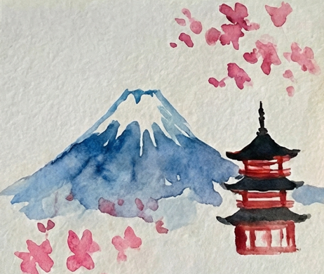 Step 3 of a Japanese-style watercolor painting tutorial, adding ink-wash details and finer line work.