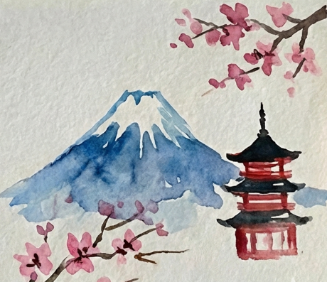 Final step connecting the pink blossoms with jagged, angular branches in dark brown, framing the mountain and completing the landscape.