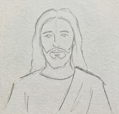 Step 1 of a Jesus watercolor painting showing a loose pencil sketch of the face, hair, and beard on textured paper, focusing on simple placement rather than detail.