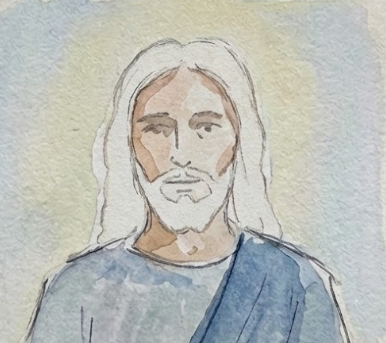 Final step defining the portrait by painting the hair and beard in thick Burnt Umber clumps and adding simple dark strokes for the eyes and nose shadow.