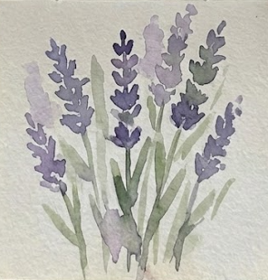 The final, finished watercolor painting. A detailed bundle of lavender with varied purple hues and defined green foliage, showcasing depth, contrast, and the completed artistic look on textured paper.