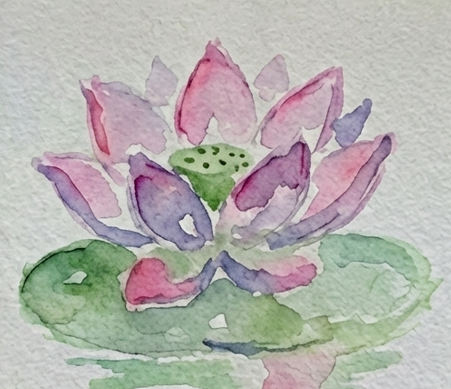 Step 4 completing the expressive lotus flower watercolor painting by adding soft, watery green and pink reflections below the lily pad.