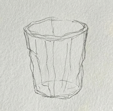 Step 1 of a metallic watercolor painting showing a loose pencil sketch of a crushed cup with irregular, wobbly outlines to suggest dents.