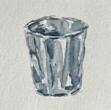 Step 2 applying initial blocky vertical washes of dilute Payne's Gray watercolor to the cup's body, intentionally leaving large white paper gaps for reflections.
