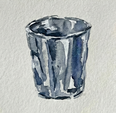 Step 3 adding thicker, darker washes of Payne's Gray mixed with Ultramarine Blue to the dents and shadow side, creating hard edges for high contrast.