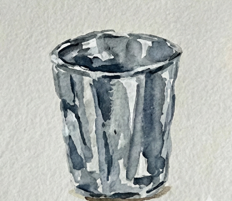 Final step completing the sketchbook study with a dark, broken line around the rim, a shadowed interior, and a small warm Burnt Umber cast shadow underneath.