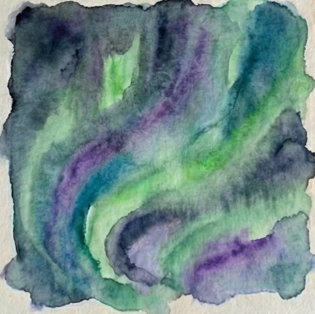 A wet-on-wet watercolor study showing abstract swirls of Phthalo Green, dark blue, and purple bleeding together. This illustrates Step 4: The Flow, where the dark negative space merges with the green light path to create soft, moody transitions without hard edges.