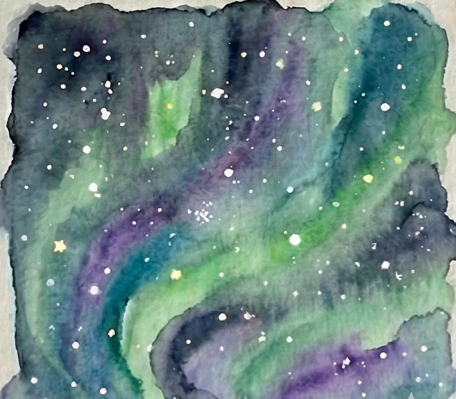 The finished Northern Lights painting with a dark, moody sky and bright green aurora swirls, now covered in tiny white splattered stars. This corresponds to Step 5: The Stars, where white gouache is splattered over the dry painting to complete the galaxy effect.