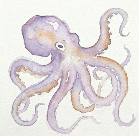 The second stage shows an initial underpainting wash of light purple and sienna glazes, a fundamental step in an expressive octopus watercolor painting.