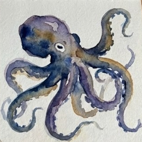 The completed work shows the final high contrast pass using deep indigo for shadows, selective details for suckers, and an eye highlight. This fully rendered panel represents the final expressive octopus watercolor painting.