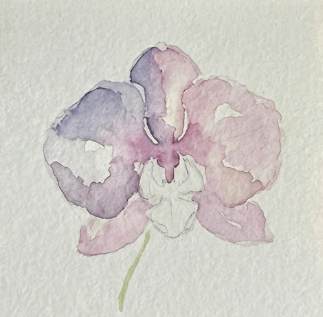 Step 2 applying the initial loose watercolor wash of soft purple and pink hues to the orchid petals using a wet-on-wet technique.